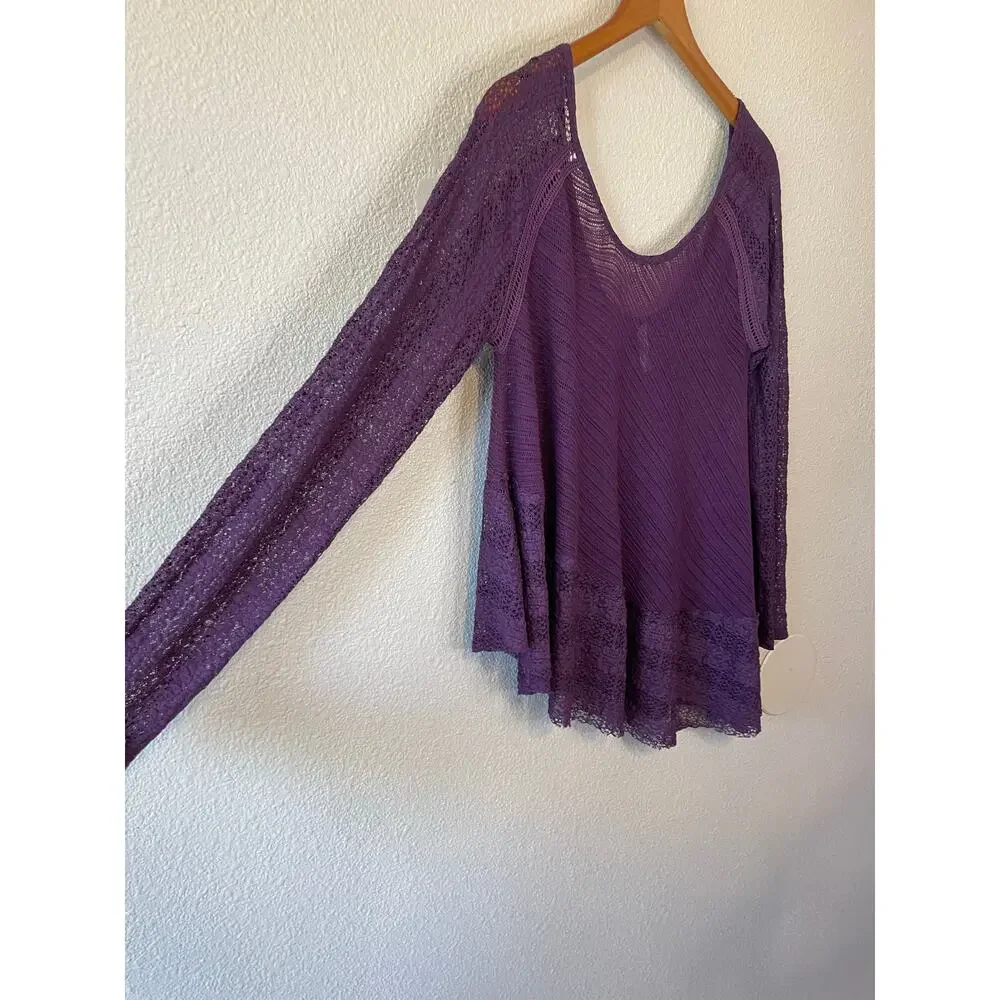 Free People Boho Purple Mesh Lace Asymmetrical Hem Long Sleeve Blouse Small